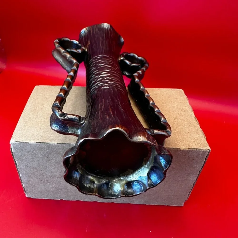 VINTAGE BRONZE VASE, TEXTURED SURFACE AND STYLIZED HANDLES - Picture 6 of 9